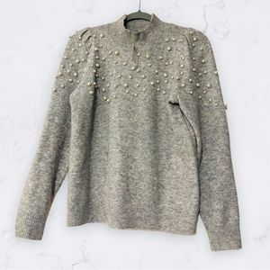 Grey Puff Sleeve Sweater w/ Pearl Accents
